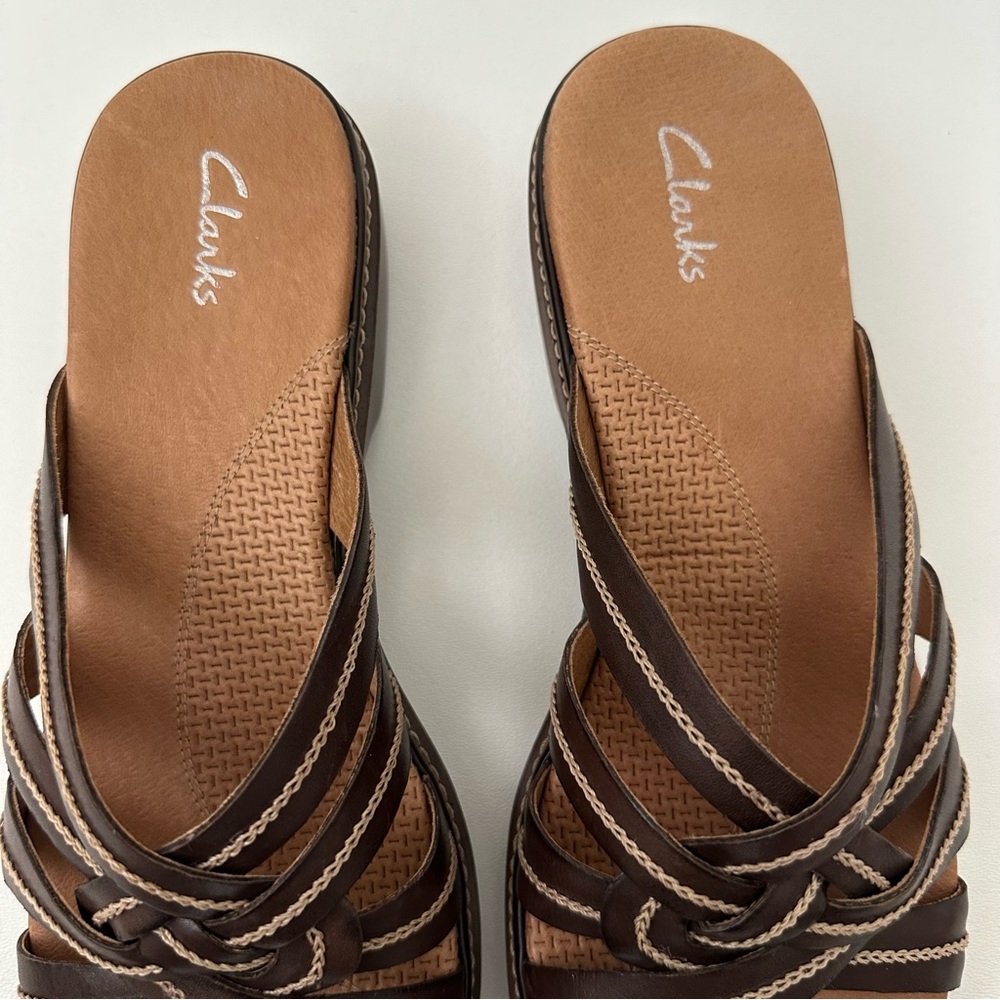 Clarks Brown Leather Strappy Wedge Comfort Sandals Womens Size 10 - Picture 3 of 8